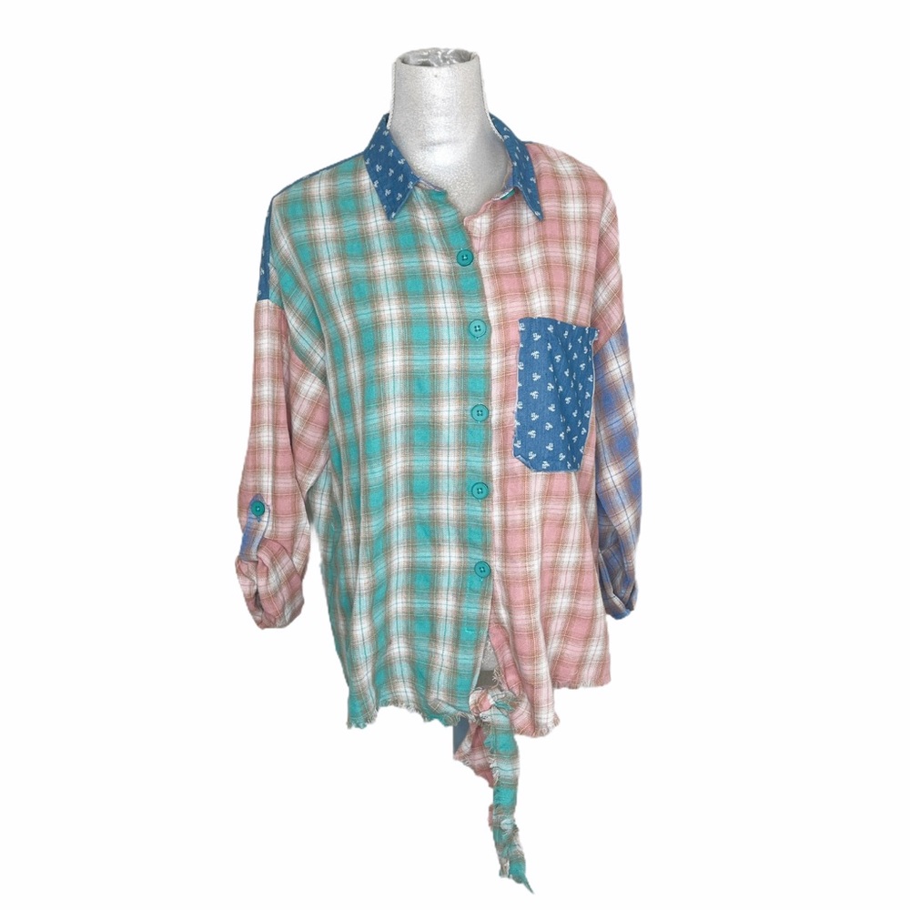 Scrap-Work Boutique Patchwork Plaid Button Shirt L - image 2